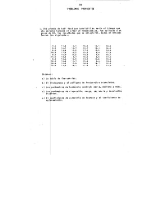 l. Una p
una per
grupo d
fueron
Obtene
a) La
b) El
e) Los
99
PROBLEMAl PROPUESTOS
ueba de habilidad que consisti5 en medir el tiempo que
ona tardaba en armar un rompecabezas, fue aplicado a un
60, los resultados que se obtuvieron, dados en minutos
os siguientes:
7.3 11. 5 6. 1 15.5 1o. 1 14.2
9.5 16.7 13.7 13.7 13.3 16.3
6.6 14.6 10.2 17.2 12.5 14.8
14.4 17.6 13.2 15.5 9.8 17.9
9.8 16.8 10.2 14.8 9.6 15.7
11.6 18.6 8.7 15.6 8.5 17~ 3
9.8 14.4 15.9 13.9 10.6 15.6
12.2 16.2 11.7 15.4 9.4 14.4
14.4 12.2 17.8 14.6 14.7 12.5
12.6 13.2 1 4. 1 11.6 7.7 13.0
abla de frecuencias.
istograma y el polígono de frecuencias acumuladas.
parámetros de tendencia central: media, mediana y moda.
d) parámetros de dispersi5n: rango, variancia y desviaci5n
ndar.
e) oeficiente de asimetría de Pearson y el coeficiente de
namiento.
 