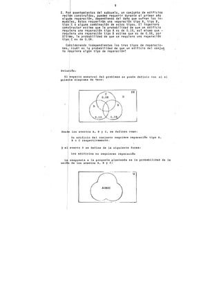 9
2. Po¡ asentami ntos del subsuelo, un conjunto de edificios
reci n constru dos, pueden requerir durante el primer año
algu a reparac ón, dependiendo del daño que sufran los in-
mueb es, éstos requerirán una yeparación tipo A, tipo B,
tipo¡C o alguna combinación de estos tipos. El ingeniero
constructor estima que la probabilidad de que un edificio
requiera una reparación tipo A es de 0.10, ast mismo que-
requ era una reparación tipo B estima que es de 0.08, por
últi o, la probabilidad de que se requiera una reparación
tipo e es de 0.04.
Co siderando independientes los tres tipos de reparacio-
nes, lcuál es la probabilidad de que un edificio del conjun
to rrquiera algún tipo de reparación~ -
Soludión:
El !espacio muestral del problema se puede definir con el si
guienjte diagrama de Venn:
EM
los eventos A, B y e, se definen como:
Un edificio del conjunto requiere reparación tipo A,
B o e respectivamente.
evento D se define de la siguiente forma:
Los edificios no requieren reparación
L respuesta a la pregunta planteada es la probabilidad de la
unión de los eventos A, B y e:
AUBUC
 