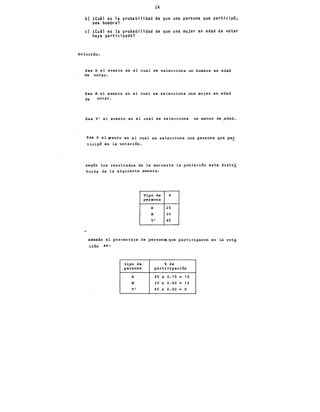 14
b) LCuál es la probabilid~d de que una persona que particip6,
sea hombre?
e) LCuál es la probabilidad de que una mujer en edad de votar
haya participado?
Soluci6n:
Sea H el evento en el cual se selecciona un hombre en edad
de votar.
Sea M el evento en el cual se selecciona una mujer en edad
de votar.
Sea V' el evento en el cual se selecciona un menor de ~dad.
Sea P el wento en el cual se selecciona una persona que pa!
ticip.6 en la votaci6n.
según los resultados de la encuesta la poblaci6n esta distr~
buida de la siguiente manera:
Tipo de
'
peraona
H 25
M 30
V' 45
además el porcentaje de person•que participaron en la vot~
ci6n es:
tipo de
' de
persona participación
H 25 X 0.75- 19
M 30 X 0.40
-12
V' 45 X o.oo E o
 