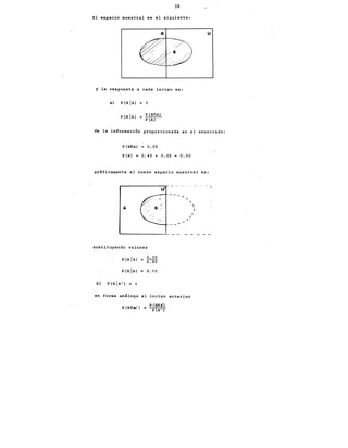 16
El espacio muestral es el siguiente:
A u
y la respuesta a cada inciso es:
al P(BIAl ?
p (B IAl P(B(lA)
"P(i)
de la información proporcionada en el enunciado:
P(BOA) = 0.05
P(A) = 0.45 + 0.05 0.50
gráficamente el nuevo espacio muestral es:
A
sustituyendo valores
P(BIAl
p (B IAl
b) P(BIA'l = ?
0.05
o:so
o. 1o
u•
---....
' '
'1
'
/
en forma análoga al inciso anterior
p (BOA') = P (BnA'l
PéA'T
-'
 