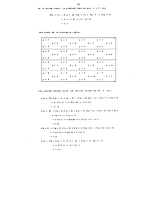 46
en la misma forma, la probabilidad de que z = 6 es:
P(z 6) P(x = 2) P(y = 4) + P(x 1) P(y 5)
0.3 (0.2) + o. 1 (O. 4)
o. 1
con ayuda de la siguiente tabla:
X = X = X = 1 X
z S z = 6 z 7 z = 8
y = 4 y 5 y 6 y ~ 7
X = 2 X 2 X = 2 X = 2
z = 6 z = 7 z = 8 z = 9
y'= 4 y S y = 6 y 7
X = 3 X = 3 X = 3 X 3
z = 7 z = 8 z = 9 z = 10
y 4 y S y 6 y 7
X 4 X 4 X 4 X 4
z 8 z = 9 z 10 z 11
y = 4 y 5 y = 6 y 7
las probabilidades para los valores restantes de z son:
P(z = 7)=P(x = 3) P(y = 4) +P(x=2) P(y=5) +P(x= 1) P(y 6)
0.4(0.2) + 0.3(0.4) + 0.1(0.3)
0.23
P(z = 8) =P(x=4) P(y=4) +P(x=3) P(y=5) +P(x
+ P(x = 1) P(y = 7)
0.2(0.2) + 0.4(0.4) + 0.3(0.3) + 0.1(0.1)
0.30
2) P(y
P(z 9) PI~= 4) P(y = 5) + P(x = 3) P(y = 6) + P{x =· 2) P(y = 7)
P(z 10)
0.2(0.4) + 0.4(0.3) + 0.3(0.1)
0.23
P(x = 4) P(y = 6) + P(x
0.2(0.3) + 0.4(0.1)
o. 1o
3) p (y 7)
6> +
 