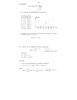 sustit,uyendo
cfte variación
48
8
11':62
6.29
e) La función de distribución acumulada es:
z P(Z < z)
S 0.02
6 o. 12
(1•<•1
7 0.35
!
8 0.65 ¡
!'l 0.88
10 0.98
1 1 1. 00 1
5 6 7 8
¡
'-..
9 10 11 z:
d) A partir de la función de distribución acumulada, la proba-
bilidad de que z < 8 es:
P (z < 8) 0.65
10. A partir de la siguiente función de densidad
=
{
2
0
( 1 - x)
f (x)
X
0 < X <
cualquier otro valor
Calcular:
a) E{3 X + 1}
b) E{x2 - 2 E{x}}
Solución:
a) Por las propiedades del operador esperanza
E{3 X+ 1} = 3 E{x} + E{1} = 3 E{x} + 1
donde:
¡:(x)(O) dx + Io1
(x)(2)(1- x)dx+sl~x (O) dx
 