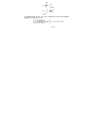 50
1800
2400
= o - l-_ ~.J
2400
= 0.75
la probabilidad de que los tres cinescopios esten funcionando
después de 2400 horas es:
(
J cinescopios )
P funcionando después = 0.75(0.75)
<le 2400 horas
0.42
(0.75)
 