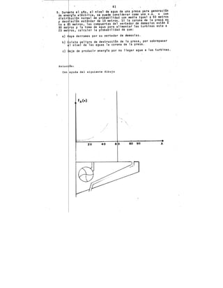 6~
9. Dur te el ano, el niVel dejagua de una presa para generación
de energía eléctrica, se puede considerar' como una v.a. x con
distribución norm~l de probabilidad con'media igual a 60 metros
y des iación estándar de 18 metros. Si la corona de la presa es
ta a 5 metros, las compuertas del vertedor de demasias están a
80 me ros y 1a toma de agua .para alimentar las turbinas esta a
20 me ros, calcular la probabilidad de que:
a) aya derrames por su vertedor de demasias.
b) xista peligro de destrucción de la presa, por sobrepasar
1 nivel de las tguas la corona de la presa ..
e) eje de producir energía por no llegar agua a las turbinas.
soiuc' 6n:
Con ayuda del siguiente dibujo
20 40 60 80 90 X
 