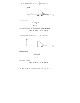62
a) La probabilidad de que x > 80 metros es:
estandarizando
z
--~
1 llirunnn,'"'""
60 80
80 - 60
1 8
• 1. 11
·utilizando tablas de distribuci6n normal est~ndar
P(x ~ 80} = P(z ~ 1.11} = 0.13
bl La probabilidad de que x > 85 metros es:
estandarizando
utilizando tablas:
z =
1 ~''¡•
J.:.n;....
60 85
85 - 60
18
a 1.39
P(x ~ 85) = P(z ~ 1.39) 0.08
el Por último la probabilidad de que x < 20 es:
.X
X
 