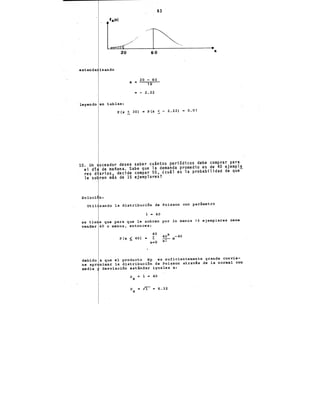 20
estanda izando
& ..
63
60
20 - 60
18
2.22
X
leyendo en tablas:
P(X ~ 30) = P(Z ~- 2.22) a 0.01
10. Un oceador desea saber cuántos periódicos debe compr.ar para
el di de mañana. Sabe que la demanda promedio es de 40 ejempl~
res diarios, decide compar 55, Lcuál es la probabilidad de que
le so ren más de 15 ejemplares?
Soluci
la distribuci6n de Poisson con parámetro
). = 40
se tie e que para que le sobren por lo menos 15 ejemplares debe
vender 40 o menos, entonces:
40
P(x 5; 40) " I:
x=O
debido a que el producto Np es suficientemente grande convie-
ne apr ximar la distribuci6n de Poisson através de la normal con
media desviaci6n estándar iguales a:
'~~x = ). = 40
C1 ~ = 6.32
X
 