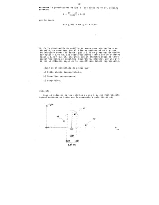 64
ehtonces la probabilidad de que x sea menor de 40 es, estanda
rizando:
por lo tanto
z
40 - 40
6. 32
P (x < 40)
o.oo
P (z < O) 0.50
11. En la fabricación de rodillos de acero para ajustarlos a un
ensamble, se considera que el dilmetro externo es un v.a. con
distribución normal de media igual a 2.30 cm y desviación estln-
dar igual a 0.06 cm. Las especificaciones limite son un diámetro
igual a 2.31 + 0.1 cm. Una pieza con un diámetro abajo de tales
especificaciones se considera desperdicio, mientras que una pie-
za con un diámetro mayor de lo especificado deberá reprocesarse.
lCuil es el porcentaje de piezas que:
a) Están siendo desperdiciadas.
b) Necesitan reprocesarse.
e) Aceptables.
Solución:
Como el diámetro de los rodillos es una v.a. con distribución
normal entonces se tiene q~e la respuesta a cada inciso es:
a)
''
'
,_
"
¡;
1
2Z3 1
i.'l1 2~1
•-----v---~
2.31 ±0.1
--e)
b)
V
.. X
 