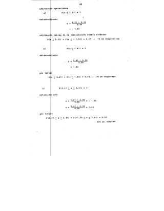 65
ef.•ctuan o operacional$
a) P(x < 2'.21) • ?
' estandar zando
z = 2.21 - 2.30
0.06
1. so
utilizan o tablas de la distribuci6n normal est¡ndar
P( ~ 2.21) ,. P(z ~- 1.SO) • 0.07
b)
estandar zando
por tabl s
P(x ~ 2.41) • ?
z -
2.41 - 2.30
0.06
• 1. 83
P X> 2.41) = P(z ~ 1.83) • 0.03
e)
estandar zando
por tabl s
P(2.21 < X < 2.41) • ?
z =
z ..
2.21 - 2.30
0.06
1.• so
2.41 - 2.30 - 1.83
0.06
7 se desperdicia
3 se reprocesa
P(2 21 ~X~ 2.41) • P(-1.50 < Z ~ 1.83) • 0.90
90 se aceptan
 