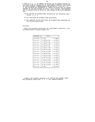 70
l. Sea la v. a. x el número de éxitos que se pueden obtener en
los tres primeros ensayos de un experimento aleatorio que consta
de cuatro ensayos independientes de Bernoulli, y sea la v. a.
Y una variable que representa el número de éxitos que se pueden
obtener en los dos últimos de estos cuatro ensayos. Considerando
que la probabilidad de éxfto en cada ensayo es de 0.25, determi-
nar:
a) La función de probabilidad conjunta de las variables alea-
torias x y Y.
b) Las funciones de probabilidad marginales.
e) Las gráficas de las funciones de probabilidad obtenidas en
los incisos anteriores.
Solución:
Todos los posibles resultados del experimento aleatorio y sus
correspondientes probabilidades son:
Ensayos p ( •l
E E E E 0.25 4 = 0.004
E E E F 0.25 3 (O. 75) = 0.012
E E F E 0.25 3 (0.75) = 0.012
E E F F O. 25 2 (O. 75) 2 = 0.035
E F E E 0.25 3 (0.75) = 0.012
E F E F 0.25 2 (0.75) 2
= 0.035
E F F E o. 25 2 (o. 75) 2
= 0.035
E F F F 0.25 (O. 75) 3
= o. 1os
F E E E 0.25 3 (0.75) = 0.012
F E E F 0.25 2 (0.75) 2 = 0.035
F E F E o. 25 2 (0. 75) 2
= 0.035
F E F F 0.25 (0.75) 3
= 0.105
F F E E o. 25 2 (0. 75) 2 = 0.035
F F E F 0.25 (0.75) 3
= o. 105
F F F E 0.25 (0.75) 3
= o. 105
F F F F 0.75 4 = o. 316
A partir del espacio muestra!, los valores que pueden tomar
las variables aleatorias X y Y son respectivamente:
 