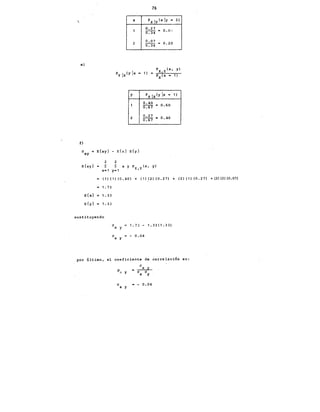 X
1
2
e)
y
1
2
f)
76
PXY(x !Y = 2)
0.27
o. 8·:·
0.34 =
0.07
0.20
0.34 =
PX,Y(x, y)
Px(x = 1)
Pyx(y lx = 1 )
0.40
0.60
0.67
=
0.27
-0.40
0.67
cr E{xy} - E{x} E{y}
xy
2
E {xy} = I:
x=1
2
¿ x y PX,Y(x, y)
y=1
(1){1)(0.40) + (1)(2)(0.27) + (2)(1)(0.27) +(2)(2)(0.07)
= 1. 73
E{x} z 1. 33
E{y} = 1.33
sustituyendo
cr
cr
1.73- 1.33(1.33)
X y
- 0.04
X y
por último, el c.oeficiente de ~orrelación es:
cr
=~
cr cr
X y
cr = - 0.04
X y
 