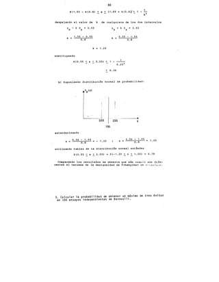 P(1.55 - k(0.8) ~ X <
90
1
(1.55 + k(o.8» ~ 1 -
k2
despejando el valor de k de cualquiera de los dos intervalos
.IX - k OX = 0.55
k
1.55 - 0.55
0.8
.1 + k o = 2.55
X X
k= 2.55 - 1.55
0.8
k 1.25
sustituyendo
P(0.55 < X < 2.55) > 1 -
> o. 36
b) suponiendo distribución normal de probabilidad:
f'''
¡
1
estandarizando
z = 0.55- 1.55
0.8
J ·-·· •·· ··- ·-··-----·
O.SS 255 X
1.'3'3
- 1.25
2.55 - 1.55
0.8
utilizando tablas· de la distribución normal estándar
1. 25
P(0.55 ~ x ~ 2.55) = P(-1.25 ~ z ~ 1.25) = 0.79
Comparando los resultados se observa que aún cu~>co son dife-
rentes el teorema de la desigualdad de Tchebychev se s~.~isf""e.
3. calcular la. probabilidad de obtener un máximo de tres éxitos
en 100 ensayos independientes de Be~noulli.
 