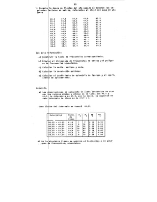 95
l. Durante la época de lluvias del ano pasado se tomaron las si-
guientes ecturas en metros. referentes al nivel del agua en una
presa
46.6 47.8 51.4 45.6 45.5
55.2 59.6 43.2 47.5 52.8
so. 1 43.2 52.8 51.2 50.9
47.7 43.3 49.3 54.5 42.8
51.2 46.6 43.1 48.4 53.6
54.8 50.1 59.3 46.2 55.5
49.2 46.9 40.4 49.8 60.9
48.8 43.4 49.1 52.9 50.2
56.3 51 • 1 48. 1 46.6 41.2
53.6 5'3. 8 55.8 52.4 40.3
46.4 51.8 49.7 45.1 49.3
44.6 52.8 53.6 40.5 48.6
50.2 58.4 53.7 56.8 42.9
48.4 42.4 54.7 51.6 50.2
·Con esta información:
a) Construir la tabla de frecuencias correspondiente.
b) Dibuja r el histograma de frecuencias relativas y el polígo-
no de frecuencias acumuladas.
e) Cal cul ar la media. mediana y moda.
d) Cal cul ar la desviación estándar
e) Cal cul ar el coeficiente de asimetría de Pearson y e1 coefi-
ciente de aplanamiento.
Soluéi6n:
a) Las observaciones se agrupar1n en siete intervalos de cla-
se¡ os valores m1ximo y m!nimo en la tabla son 40.1 y
60.9, la diferencia es 20.8, por lo tan.to, la amplitud de
cada intervalo de clase es de 21/7 • 3.
Como 1!aite del intervalo se tomará 40.05
Intervalos Marca
1
fi Fi f* F*
de
i i
Clase
-
40.05 - 43.05 41.6 7 7 o. 10 o. 10
43.05 - 46.05 44.6 9 16 o. 13 0.23
46.05 - 49.05 47.6 14 30 0.20 0.43
49.05 -52.05 50.6 18 48 0.26 0.69
52.05 - 55.05 53.6 13 61 0.18 0.87
55.05 - 58.05 56.6 5 66 0.07 0.94
58.05 - 61.05 59.6 4 70 0.06 1.00
b) En 1a s iguiente figura se muestra el histograma y el pol!-
gono e e fre'cuencias, acumuladas:
 