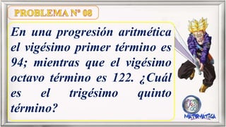 En una progresión aritmética
el vigésimo primer término es
94; mientras que el vigésimo
octavo término es 122. ¿Cuál
es el trigésimo quinto
término?