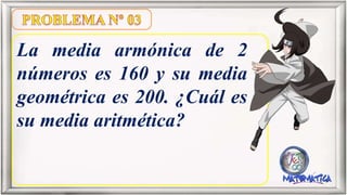 La media armónica de 2
números es 160 y su media
geométrica es 200. ¿Cuál es
su media aritmética?
 