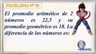 El promedio aritmético de 2
números es 22,5 y su
promedio geométrico es 18. La
diferencia de los números es: