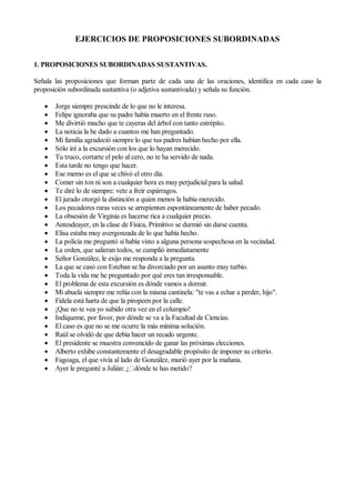 EJERCICIOS DE PROPOSICIONES SUBORDINADAS


1. PROPOSICIONES SUBORDINADAS SUSTANTIVAS.

Señala las proposiciones que forman parte de cada una de las oraciones, identifica en cada caso la
proposición subordinada sustantiva (o adjetiva sustantivada) y señala su función.

      Jorge siempre prescinde de lo que no le interesa.
      Felipe ignoraba que su padre había muerto en el frente ruso.
      Me divirtió mucho que te cayeras del árbol con tanto estrépito.
      La noticia la he dado a cuantos me han preguntado.
      Mi familia agradeció siempre lo que tus padres habían hecho por ella.
      Sólo iré a la excursión con los que lo hayan merecido.
      Tu truco, cortarte el pelo al cero, no te ha servido de nada.
      Esta tarde no tengo que hacer.
      Ese memo es el que se chivó el otro día.
      Comer sin ton ni son a cualquier hora es muy perjudicial para la salud.
      Te diré lo de siempre: vete a freír espárragos.
      El jurado otorgó la distinción a quien menos la había merecido.
      Los pecadores raras veces se arrepienten espontáneamente de haber pecado.
      La obsesión de Virginia es hacerse rica a cualquier precio.
      Antesdeayer, en la clase de Física, Primitivo se durmió sin darse cuenta.
      Elisa estaba muy avergonzada de lo que había hecho.
      La policía me preguntó si había visto a alguna persona sospechosa en la vecindad.
      La orden, que salieran todos, se cumplió inmediatamente
      Señor González, le exijo me responda a la pregunta.
      La que se casó con Esteban se ha divorciado por un asunto muy turbio.
      Toda la vida me he preguntado por qué eres tan irresponsable.
      El problema de esta excursión es dónde vamos a dormir.
      Mi abuela siempre me reñía con la misma cantinela: "te vas a echar a perder, hijo".
      Fidela está harta de que la piropeen por la calle.
      ¡Que no te vea yo subido otra vez en el columpio!
      Indíqueme, por favor, por dónde se va a la Facultad de Ciencias.
      El caso es que no se me ocurre la más mínima solución.
      Raúl se olvidó de que debía hacer un recado urgente.
      El presidente se muestra convencido de ganar las próximas elecciones.
      Alberto exhibe constantemente el desagradable propósito de imponer su criterio.
      Fagoaga, el que vivía al lado de González, murió ayer por la mañana.
   
 