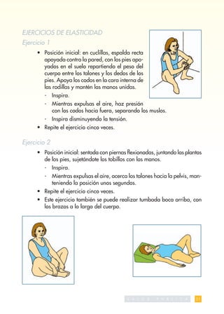 EJERCICIOS DE ELASTICIDAD
Ejercicio 1
     • Posición inicial: en cuclillas, espalda recta
       apoyada contra la pared, con los pies apo-
       yados en el suelo repartiendo el peso del
       cuerpo entre los talones y los dedos de los
       pies. Apoya los codos en la cara interna de
       las rodillas y mantén las manos unidas.
        -     Inspira.
        -     Mientras expulsas el aire, haz presión
              con los codos hacia fuera, separando los muslos.
        -     Inspira disminuyendo la tensión.
     • Repite el ejercicio cinco veces.

Ejercicio 2
     • Posición inicial: sentada con piernas ﬂexionadas, juntando las plantas
       de los pies, sujetándote los tobillos con las manos.
        -     Inspira.
        -     Mientras expulsas el aire, acerca los talones hacia la pelvis, man-
              teniendo la posición unos segundos.
     • Repite el ejercicio cinco veces.
     • Este ejercicio también se puede realizar tumbada boca arriba, con
       los brazos a lo largo del cuerpo.




                                                 S A   L   U   D   P   U   B   L   I   C   A   31
 