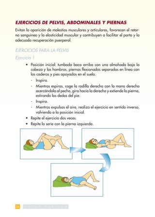 EJERCICIOS DE PELVIS, ABDOMINALES Y PIERNAS
Evitan la aparición de molestias musculares y articulares, favorecen el retor-
no sanguíneo y la elasticidad muscular y contribuyen a facilitar el parto y la
adecuada recuperación puerperal.

EJERCICIOS PARA LA PELVIS
Ejercicio 1
      • Posición inicial: tumbada boca arriba con una almohada bajo la
        cabeza y los hombros, piernas ﬂexionadas separadas en línea con
        las caderas y pies apoyados en el suelo.
          -    Inspira.
          -    Mientras espiras, coge la rodilla derecha con la mano derecha
               acercándola al pecho, gira hacia la derecha y extiende la pierna,
               estirando los dedos del pie.
          -    Inspira.
          -    Mientras expulsas el aire, realiza el ejercicio en sentido inverso,
               volviendo a la posición inicial.
      • Repite el ejercicio dos veces.
      • Repite la serie con la pierna izquierda.




26   S   A L   U   D   P   U   B   L   I   C   A
 