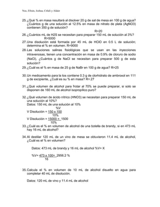 Noe, Efrain, Joshua, Citlali y Aldair
25.¿Qué % en masa resultará al disolver 20 g de sal de mesa en 100 g de agua?
¿Cuántos g de una solución al 12.5% en masa de nitrato de plata (AgNO3)
contienen 350 g de solución?
R=20
26.¿Cuántos mL de H2S se necesitan para preparar 150 mL de solución al 3%?
R=5000
27.Una disolución está formada por 45 mL de HClO en 0.5 L de solución;
determina el % en volumen. R=9000
28.Las soluciones salinas fisiológicas que se usan en las inyecciones
intravenosas, tienen una concentración en masa de 0.9% de cloruro de sodio
(NaCl), ¿Cuántos g de NaCl se necesitan para preparar 500 g de esta
solución?
29.¿Cuál es el % en masa de 25 g de NaBr en 100 g de agua? R=25
30.Un medicamento para la tos contiene 0.3 g de clorhidrato de ambroxol en 111
g de excipiente, ¿Cuál es su % en masa? R=.27
31.¿Qué volumen de alcohol para frotar al 70% se puede preparar, si solo se
disponen de 160 mL de alcohol isopropílico puro?
32.¿Qué volumen de ácido nítrico (HNO3) se necesitan para preparar 150 mL de
una solución al 10%?
Datos: 150 mL de una solución al 10%
%V
V Disolución = 150 x 100
10%
V Disolución = 15000 = 1500
10%
33.¿Cuál es el % en volumen de alcohol de una botella de brandy, si en 473 mL
hay 16 mL de alcohol?
34.Al destilar 120 mL de un vino de mesa se obtuvieron 11.4 mL de alcohol,
¿Cuál es el % en volumen?
Datos: 473 mL de brandy y 16 mL de alcohol %V= X
%V= 473 x 100= 2956.2 %
16
35.Calcula el % en volumen de 10 mL de alcohol disuelto en agua para
completar 40 mL de disolución.
Datos: 120 mL de vino y 11.4 mL de alcohol
 