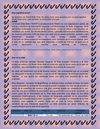 Que significa www?

Es sinónimo de World Wide Web. En sitios como www.answers.com, la www significa
World Wide Web, pero también es el servidor principal.
WWW
La World Wide Web ("WWW" o simplemente la "Web") es una organización global, de
lectura y escritura de información espacial. Los documentos de texto, imágenes, otros
elementos multimedia y muchos de la información, a que se refiere a los recursos, se
identifican por cortos, los identificadores únicos y globales denominados identificadores
de recursos uniformes (URI) de modo que cada uno se puede encontrar, acceder y con
referencias       cruzadas       en      lo     más       simple      posible   manera.
El término se utiliza a menudo erróneamente como sinónimo de la propia Internet, pero
la web es en realidad algo que está disponible a través de Internet, al igual que el
correo       electrónico      y      muchos       otros     servicios     de    Internet.

Read more: http://wiki.answers.com/Q/What_does_www_mean#ixzz1wV7QfcJV



Que es la web:

La Web profunda (también llamado Deepnet, la Web Invisible, Undernet o la Web
oculta) se refiere a la World Wide Web el contenido que no forma parte de la web de
superficie , que esindexable por los estándares de motores de búsqueda .

No debe ser confundido con el de Internet oscura , los ordenadores que ya no puede
ser alcanzado a través de Internet, o con la red de intercambio de archivos distribuido
Darknet , lo que podría ser clasificado como una parte más pequeña de la web
profunda.

Mike Bergman , fundador de BrightPlanet, le atribuye haber acuñado la frase, ha dicho
que la búsqueda en el Internet hoy en día se puede comparar con una red de arrastre a
través de la superficie del océano: una gran cantidad puede ser atrapado en la red,
pero hay una gran cantidad de información que es profundo y por lo tanto, se perdió. La
mayor parte de la información de la Web está enterrada muy abajo en los sitios
generados dinámicamente, y los motores de búsqueda estándar no lo encuentran.
Motores de búsqueda tradicionales no pueden "ver" o recuperar el contenido de la Web
profunda, esas páginas no existen hasta que se crea de forma dinámica, como
resultado de una búsqueda específica. La Web profunda es varios órdenes de
magnitudmayor que la web de la superficie.

Comparar      Web 1.0               Web 2.0          Web 3.0             Conclusión
                                                                         general
                  Web 1.0 es            Es una        Ha aparecido en    Como se trata
 
