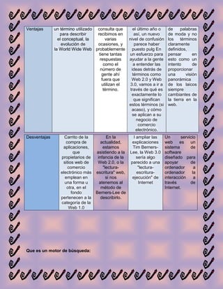 Ventajas      un término utilizado consulta que      el último año o    de     palabras
                 para describir    recibimos en       así, un nuevo     de moda y no
                el conceptual, la       varias    nivel de confusión    los términos
                  evolución de     ocasiones, y       parece haber      claramente
              la World Wide Web probablemente       puesto pulg En      definidos,
                                    tiene tantas  un esfuerzo para      pensar        en
                                     respuestas   ayudar a la gente     esto como un
                                       como el       a entender las     intento       de
                                     número de      ideas detrás de     proporcionar
                                      gente ahí      términos como      una       visión
                                      fuera que     Web 2.0 y Web       panorámica
                                      utilizan el  3.0, vamos a ir a    de los laicos
                                       término.    través de qué es     siempre
                                                    exactamente lo      cambiantes de
                                                      que significan    la tierra en la
                                                  estos términos (si    web.
                                                    acaso), y cómo
                                                    se aplican a su
                                                       negocio de
                                                        comercio
                                                       electrónico.
Desventajas        Carrito de la       En la       l ampliar las       Un       servicio
                    compra de       actualidad,   explicaciones        web     es    un
                  aplicaciones,      estamos      Tim Berners-         sistema       de
                        que      asistiendo a la Lee, la Web 3.0       software
                 propietarios de  infancia de la     sería algo        diseñado para
                  sitios web de   Web 2.0, o la  parecido a una        apoyar        de
                     comercio        "lectura-        "lectura-        ordenador       a
                 electrónico más escritura" web,     escritura-        ordenador      la
                   emplean en          si nos     ejecución" de        interacción     a
                   una forma u     atenemos al        Internet         través        de
                    otra, en el     método de                          Internet.
                       fondo     Berners-Lee de
                 pertenecen a la    describirlo.
                 categoría de la
                     Web 1.0




Que es un motor de búsqueda:
 