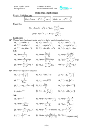 Julián Moreno Mestre
www.juliweb.es
Academia las Rozas
www.academialasrozas.com
– 7 –
Funciones logarítmicas
Reglas de derivación.
e
u
u
xfuxf aa log
'
)('log)( =→=
u
u
xfuxf
'
)('ln)( =→=
Ejemplos:
e
xx
x
xfxxxf 43
2
3
4 log
8
38
)(')8(log)(
+
+
=→+=
73
12
)(')73ln()( 4
3
4
+
=→+=
x
x
xfxxf
Ejercicios:
11º Usando las reglas de derivación anteriores derive las siguientes funciones:
a) )13ln()( −= xxf b) 2
( ) ln( 3 )f x x x= − c) 3 4
( ) ln( 2 )f x x x= −
d) ( ) log(6 5)f x x= − e) 2
( ) log(2 )f x x x= − f) 5 2
( ) log(2 )f x x x−
= −
g) 2
2( ) log (6 )f x x x= − h) 2 6
3( ) log (3 )f x x x= − i) 2
5( ) log ( 8 )f x x x= −
Sol:
a)
3
'( )
3 1
f x
x
=
−
b) 2
2 3
'( )
3
x
f x
x x
−
=
−
c)
2 3
3 4
3 8
'( )
2
x x
f x
x x
−
=
−
d)
6
'( ) log
6 5
f x e
x
=
−
e) 2
2 1
'( ) log
2
x
f x e
x x
−
=
−
f)
4 3
5 2
10 2
'( ) log
2
x x
f x e
x x
−
−
+
=
−
g) 22
6 2
'( ) log
6
x
f x e
x x
−
=
−
h)
5
32 6
6 6
'( ) log
3
x x
f x e
x x
−
=
−
i) 52
2 8
'( ) log
8
x
f x e
x x
−
=
−
12º Derive las siguientes funciones:
a) ⎟⎟
⎠
⎞
⎜⎜
⎝
⎛
=
5
ln)(
3
x
xf b) ( ) ln( 1)f x x x= + c)
3
2
2
ln)( ⎟
⎠
⎞
⎜
⎝
⎛ +
=
x
x
xf
d)
x
xf
ln
1
)( = e) 2ln)( −= xxf f) ( )7
2( ) logf x x=
g) ( )3
50( ) log 4 5f x x= + h) x
x
xf
3
ln
)( = i) ( )4 1
( ) ln 1 x
f x e +
= +
j) 1 ln
( ) x
f x e +
= k)
2
2
( ) ln
4
x x
f x
x
⎛ ⎞−
= ⎜ ⎟
+⎝ ⎠
l) ( )( )( ) ln ln lnf x x=
Sol:
a)
3
'( )f x
x
= b) '( ) ln( 1)
1
x
f x x
x
= + +
+
c)
3 6
'( )
2
f x
x x
= −
+
d) 2
2
'( )
(ln )
f x
x x
−
= e)
1
'( )
2( 2)
f x
x
=
−
f) 2
7
'( ) logf x e
x
=
g)
2
503
6
'( ) log
4 5
x
f x e
x
=
+
h)
3
'( ) 3 ln3·ln
x
x
f x x
x
−
−
= − i)
43 1
4 1
4
'( )
1
x
x
x e
f x
e
+
+
=
+
j) 1 ln1
'( ) x
f x e e
x
+
= = k)
2
2 2
8 4
'( )
( 4)·( )
x x
f x
x x x
+ −
=
+ −
l)
( )
1
'( )
·ln( )·ln ln
f x
x x x
=
 