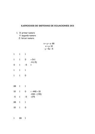 EJERCICIOS DE SISTEMAS DE ECUACIONES 3X3


     1. X: primer numero
        Y: segundo numero
        Z: tercer numero

                                  x + y + z: 88
                                    x + y: 10
                                   y – 5z: -5

1      1     1

1      1     0     =-5+1
                   -4-(-5)
0      1     -5    1

1      1     1

1      1     0




88     1     1

10     1     0     = -440 + 10
                   -430 – (-55)
-5     1     -5    -375

88     1     1

10     1     0




1      88    1
 