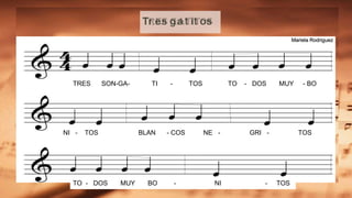 Tr es ga t it os
TRES SON-GA- TI - TOS TO - DOS MUY - BO
NI - TOS BLAN - COS NE - GRI - TOS
TO - DOS MUY BO - NI - TOS
Mariela Rodriguez
 