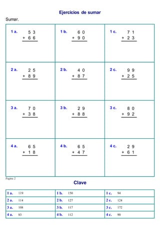 Ejercicios de sumar
Sumar.
1 a. 5 3
+ 6 6
1 b. 6 0
+ 9 0
1 c. 7 1
+ 2 3
2 a. 2 5
+ 8 9
2 b. 4 0
+ 8 7
2 c. 9 9
+ 2 5
3 a. 7 0
+ 3 8
3 b. 2 9
+ 8 8
3 c. 8 0
+ 9 2
4 a. 6 5
+ 1 8
4 b. 6 5
+ 4 7
4 c. 2 9
+ 6 1
Pagina 2
Clave
1 a. 119 1 b. 150 1 c. 94
2 a. 114 2 b. 127 2 c. 124
3 a. 108 3 b. 117 3 c. 172
4 a. 83 4 b. 112 4 c. 90
 