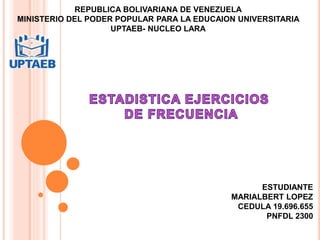 REPUBLICA BOLIVARIANA DE VENEZUELA
MINISTERIO DEL PODER POPULAR PARA LA EDUCAION UNIVERSITARIA
UPTAEB- NUCLEO LARA
ESTUDIANTE
MARIALBERT LOPEZ
CEDULA 19.696.655
PNFDL 2300
 