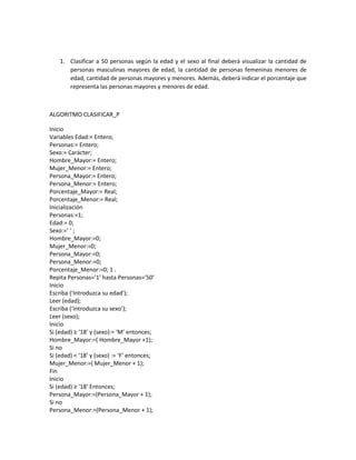 1. Clasificar a 50 personas según la edad y el sexo al final deberá visualizar la cantidad de
personas masculinas mayores de edad, la cantidad de personas femeninas menores de
edad, cantidad de personas mayores y menores. Además, deberá indicar el porcentaje que
representa las personas mayores y menores de edad.
ALGORITMO CLASIFICAR_P
Inicio
Variables Edad:= Entero;
Personas:= Entero;
Sexo:= Carácter;
Hombre_Mayor:= Entero;
Mujer_Menor:= Entero;
Persona_Mayor:= Entero;
Persona_Menor:= Entero;
Porcentaje_Mayor:= Real;
Porcentaje_Menor:= Real;
Inicialización
Personas:=1;
Edad:= 0;
Sexo:=’ ‘ ;
Hombre_Mayor:=0;
Mujer_Menor:=0;
Persona_Mayor:=0;
Persona_Menor:=0;
Porcentaje_Menor:=0; 1 .
Repita Personas=’1’ hasta Personas=’50’
Inicio
Escriba (‘Introduzca su edad’);
Leer (edad);
Escriba (‘introduzca su sexo’);
Leer (sexo);
Inicio
Si (edad) ≥ ‘18’ y (sexo):= ‘M’ entonces;
Hombre_Mayor:=( Hombre_Mayor +1);
Si no
Si (edad) < ‘18’ y (sexo) := ‘F’ entonces;
Mujer_Menor:=( Mujer_Menor + 1);
Fin
Inicio
Si (edad) ≥ ‘18’ Entonces;
Persona_Mayor:=(Persona_Mayor + 1);
Si no
Persona_Menor:=(Persona_Menor + 1);
 