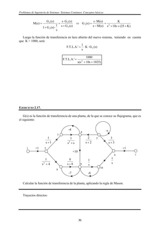Problemas de Ingeniería de Sistemas: Sistemas Continuos. Conceptos básicos.
)K25(s10s
K
)s(Ms
)s(Ms
)s(G
)s(Gs
)s(Gs
s
1
)s(G1
)s(G
)s(M 23
3
3
3
3










Luego la función de transferencia en lazo abierto del nuevo sistema, teniendo en cuenta
que K = 1000, será:
)s(GK
s
1
.'A.L.T.F 3
)1025s10s(s
1000
.'A.L.T.F 2


EJERCICIO 2.17.
G(s) es la función de transferencia de una planta, de la que se conoce su flujograma, que es
el siguiente:
-4
-6-7
1 2
3
5
6
10
9
4
8
ss
1
2

+1
4s
1
2

1s
1

8s
8
 s
1
s
1
3s
3
2s
2

+10
-s
+1
7
Calcular la función de transferencia de la planta, aplicando la regla de Mason.
Trayectos directos:
31
 