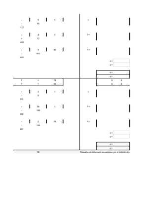 -     5     9
 -     45
-122


 -     -8    9            x
 +     72
-488


 -     5     80           y
 -     400
-488
                                                x=
                                                y=


                                                x=
                                                y=
 Y     =     78                10                 8        X
 Y     =     56                 8                 6        X


 -     2     3
 -     6
115


 -     56    3            x
 -     168
690


 -     2     78           y
 -     156
460
                                                x=
                                                y=


                                                x=
                                                y=
       10         Resuelve el sistema de ecuaciones por el método de determinantes
 