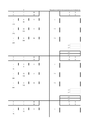 7          Resuelve el sistema de ecuaciones por el método de determinantes
 Y     =     99                 1                 4        X
 Y     =     34                 3                 2        X


 -     6     11
 -     66
-110


 -     34    11           x
 -     374
-770


 -     6     99           y
 -     594
-220
                                                x=
                                                y=


                                                x=
                                                y=
 Y     =     44                 1                 8        X
 Y     =     72                 1               10         X


 -     3     2
 -     6
74


 -     72    2            x
 -     144
296


 -     3     44           y
 -     132
444
                                                x=
                                                y=


                                                x=
                                                y=
 Y     =     50                 8               11         X
 Y     =     54                10                 8        X


 -     9     8
 -     72
18
 