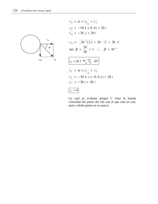 128

Cinemática del cuerpo rígido

v B = ω × rB

O

+ vO

v B = − 50 k × 0 . 4 i + 20 i
v B = − 20 j + 20 i
v0

vB =

β

vB/0

20 2 ( 2 ) = 20

tan β =
vB

20
=1 ∴
20

v B = 28.3 m

β = 45 °

45°

s

v C = ω × rC

2 = 28 . 3

O

+ vO

v C = − 50 k × ( − 0 . 4 j ) + 20 i
v C = − 20 i + 20 i
vC = 0
Lo cual es evidente porque C tiene la misma
velocidad del punto del riel con el que está en contacto y dicho punto no se mueve.

 