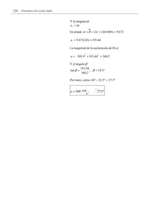 124

Cinemática del cuerpo rígido

Y la tangencial
a t = αr
••

En donde α = θ = 12t = 12(0.806) = 9.672
a t = 9.672(20) = 193.44
La magnitud de la aceleración de B es:
a = 303.9 2 + 193.44 2 = 360.2
Y el ángulo β
193.44
tan β =
; β = 32.5°
360.2
Por tanto, como 60° − 32.5° = 27.5°

a = 360 cm 2
s

27.5°

 