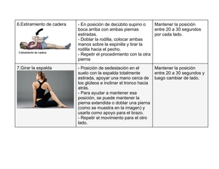 - En posición de decúbito supino o
boca arriba con ambas piernas
estiradas.
- Doblar la rodilla, colocar ambas
manos sobre la espinilla y tirar la
rodilla hacia el pecho.
- Repetir el procedimiento con la otra
pierna
Mantener la posición
entre 20 a 30 segundos
por cada lado.
- Posición de sedestación en el
suelo con la espalda totalmente
estirada, apoyar una mano cerca de
los glúteos e inclinar el tronco hacia
atrás.
- Para ayudar a mantener esa
posición, se puede mantener la
pierna extendida o doblar una pierna
(como se muestra en la imagen) y
usarla como apoyo para el brazo.
- Repetir el movimiento para el otro
lado.
Mantener la posición
entre 20 a 30 segundos y
luego cambiar de lado.
6.Estiramiento de cadera


7.Girar la espalda


 