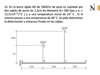 12. En la barra rígida AD de 10kN/m de peso es sujetada por
dos cables de acero de 1,5cm de diámetro (E= 200 Gpa y 𝛼 =
12.5𝑥10−6
/°𝐶 ) y a una temperatura inicial de 23° C . Si el
sistema pasara a una temperatura de 40° C. Se pide determinar
la deformación y esfuerzos finales en los cables.
 