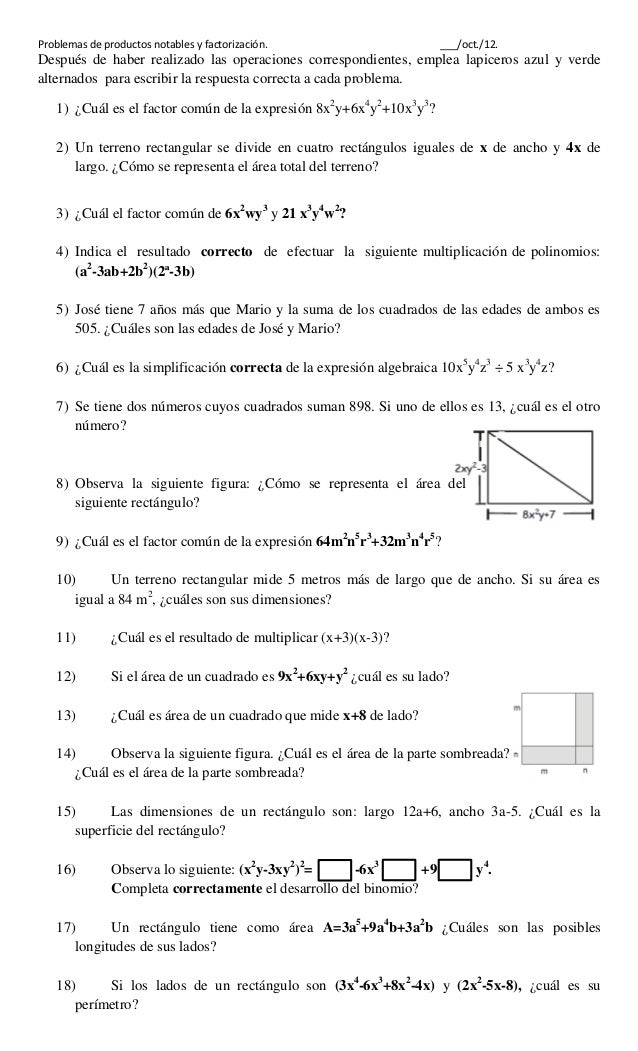 Ejercicios diversos de productos notables y factorización