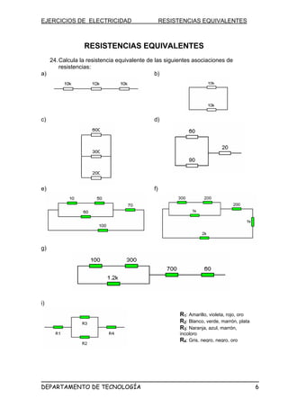 EJERCICIOS DE ELECTRICIDAD RESISTENCIAS EQUIVALENTES
RESISTENCIAS EQUIVALENTES
24.Calcula la resistencia equivalente de las siguientes asociaciones de
resistencias:
a) b)
c) d)
e) f)
g)
i)
R1: Amarillo, violeta, rojo, oro
R2: Blanco, verde, marrón, plata
R3: Naranja, azul, marrón,
incoloro
R4: Gris, negro, negro, oro
DEPARTAMENTO DE TECNOLOGÍA 6
 