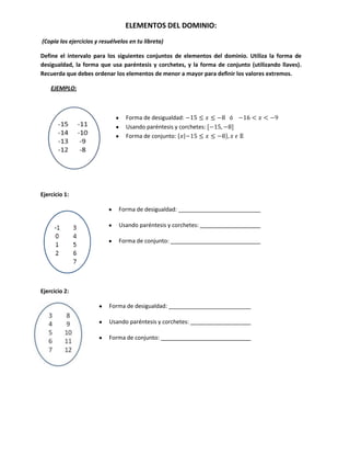 ELEMENTOS DEL DOMINIO:
(Copia los ejercicios y resuélvelos en tu libreta)

Define el intervalo para los siguientes conjuntos de elementos del dominio. Utiliza la forma de
desigualdad, la forma que usa paréntesis y corchetes, y la forma de conjunto (utilizando llaves).
Recuerda que debes ordenar los elementos de menor a mayor para definir los valores extremos.

    EJEMPLO:



                                  Forma de desigualdad:               ó
                                  Usando paréntesis y corchetes:
                                  Forma de conjunto:




Ejercicio 1:

                               Forma de desigualdad:

                               Usando paréntesis y corchetes:

                               Forma de conjunto:




Ejercicio 2:

                           Forma de desigualdad:

                           Usando paréntesis y corchetes:

                           Forma de conjunto:
 