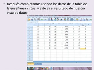 • Después completamos usando los datos de la tabla de
la enseñanza virtual y este es el resultado de nuestra
vista de datos: