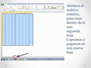 Abrimos el
archivo
anterior,
para crear
dentro de él
una
segunda
hoja.
Copiamos y
pegamos en
una nueva
hoja
 