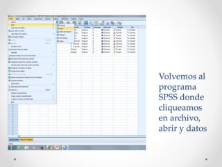 Volvemos al
programa
SPSS donde
cliqueamos
en archivo,
abrir y datos
 