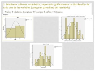 3. Mediante software estadístico, representa gráficamente la distribución de
cada una de las variables (cuelga un pantallazo del resultado)
• Analizar  estadísticos descriptivos  frecuencias  gráficos  histograma
 