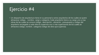 Ejercicio #4
• Un despacho de arquitectura tiene en su personal a varios arquitectos de los cuales se quiere
almacenar código , nombre , cargo y categoría. Cada arquitecto tiene a su cargo uno a mas
obras de las cuales se conoce código , descripción , ubicación , presupuesto y código del
arquitecto encargado a cada obra lo supervisa uno o mas supervisores de los cuales se
almacena código, nombre , categoría código de obra que supervisa.
 