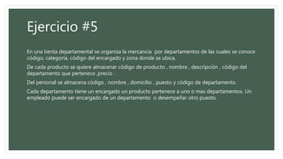 Ejercicio #5
En una tienta departamental se organiza la mercancía por departamentos de las cuales se conoce
código, categoría, código del encargado y zona donde se ubica.
De cada producto se quiere almacenar código de producto , nombre , descripción , código del
departamento que pertenece ,precio .
Del personal se almacena código , nombre , domicilio , puesto y código de departamento.
Cada departamento tiene un encargado un producto pertenece a uno o mas departamentos. Un
empleado puede ser encargado de un departamento o desempeñar otro puesto.
 
