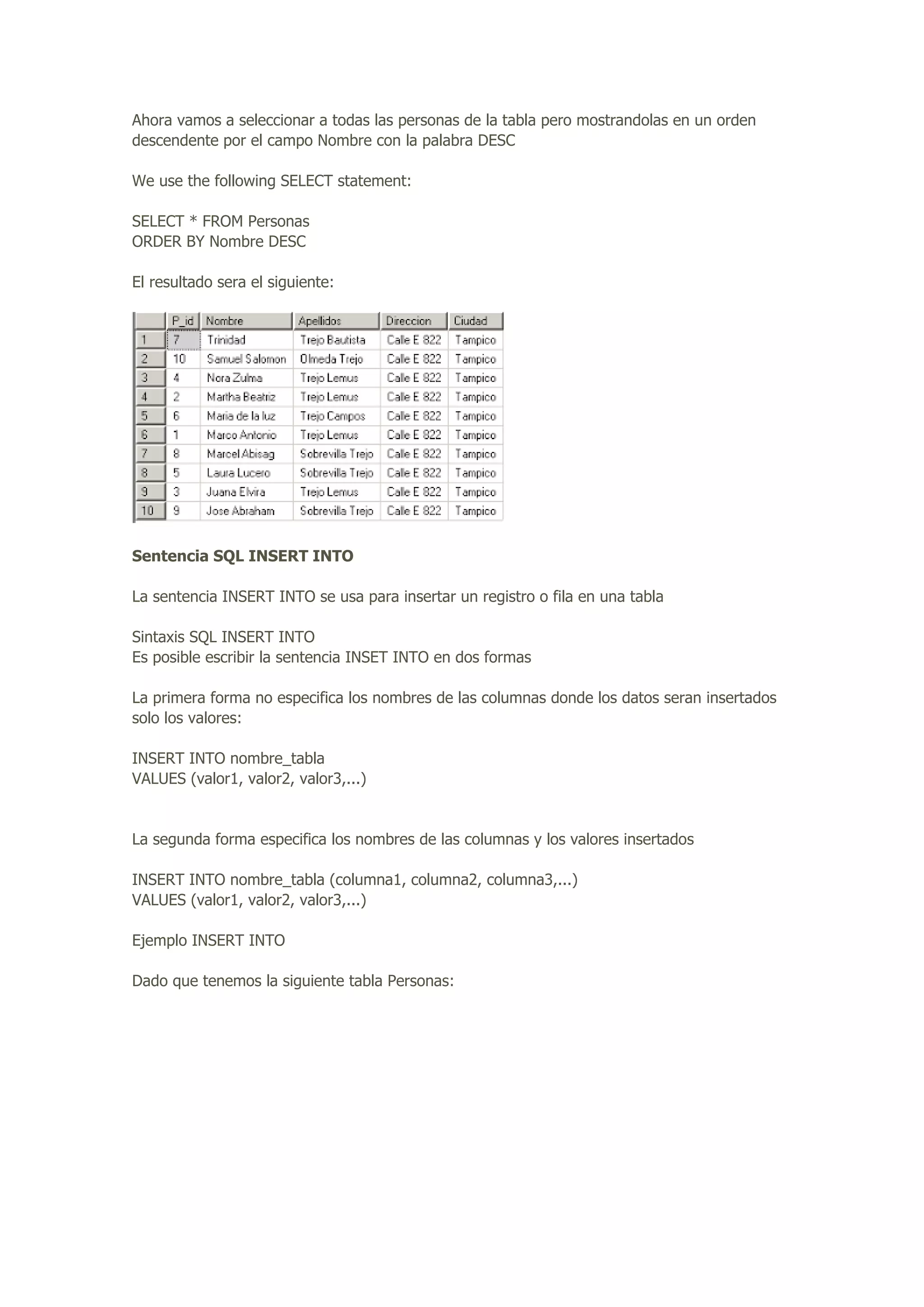 Ahora vamos a seleccionar a todas las personas de la tabla pero mostrandolas en un orden
descendente por el campo Nombre con la palabra DESC
We use the following SELECT statement:
SELECT * FROM Personas
ORDER BY Nombre DESC
El resultado sera el siguiente:
Sentencia SQL INSERT INTO
La sentencia INSERT INTO se usa para insertar un registro o fila en una tabla
Sintaxis SQL INSERT INTO
Es posible escribir la sentencia INSET INTO en dos formas
La primera forma no especifica los nombres de las columnas donde los datos seran insertados
solo los valores:
INSERT INTO nombre_tabla
VALUES (valor1, valor2, valor3,...)
La segunda forma especifica los nombres de las columnas y los valores insertados
INSERT INTO nombre_tabla (columna1, columna2, columna3,...)
VALUES (valor1, valor2, valor3,...)
Ejemplo INSERT INTO
Dado que tenemos la siguiente tabla Personas:
 