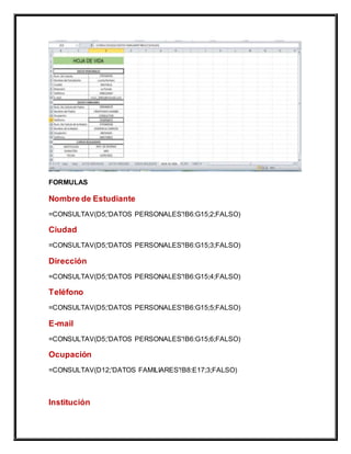 FORMULAS
Nombre de Estudiante
=CONSULTAV(D5;'DATOS PERSONALES'!B6:G15;2;FALSO)
Ciudad
=CONSULTAV(D5;'DATOS PERSONALES'!B6:G15;3;FALSO)
Dirección
=CONSULTAV(D5;'DATOS PERSONALES'!B6:G15;4;FALSO)
Teléfono
=CONSULTAV(D5;'DATOS PERSONALES'!B6:G15;5;FALSO)
E-mail
=CONSULTAV(D5;'DATOS PERSONALES'!B6:G15;6;FALSO)
Ocupación
=CONSULTAV(D12;'DATOS FAMILIARES'!B8:E17;3;FALSO)
Institución
 