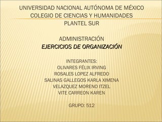 UNIVERSIDAD NACIONAL AUTÓNOMA DE MÉXICO
COLEGIO DE CIENCIAS Y HUMANIDADES
PLANTEL SUR
ADMINISTRACIÓN
EJERCICIOS DE ORGANIZACIÓNEJERCICIOS DE ORGANIZACIÓN
INTEGRANTES:
OLIVARES FÉLIX IRVING
ROSALES LOPEZ ALFREDO
SALINAS GALLEGOS KARLA XIMENA
VELAZQUEZ MORENO ITZEL
VITE CARREON KAREN
GRUPO: 512
 